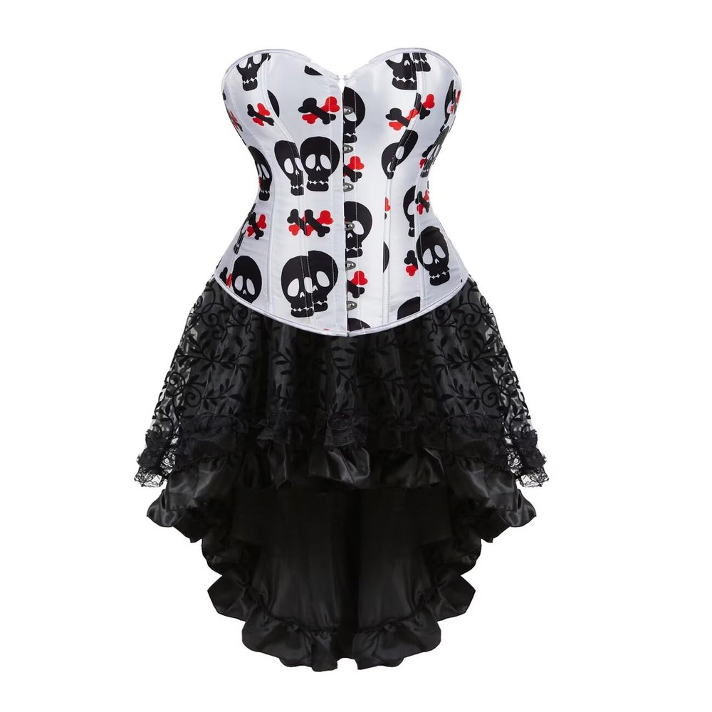 Jutrisujo Corset Dress Bustier Women Skull Print Lace up Lingerie Victorian Plus Size Halloween Costumes White 2XL