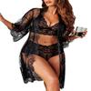 Avidlove Women Sexy Lingerie Set 3 Piece Bra and with Panty Lace Kimono Robe Sheer Sleepwear view 1