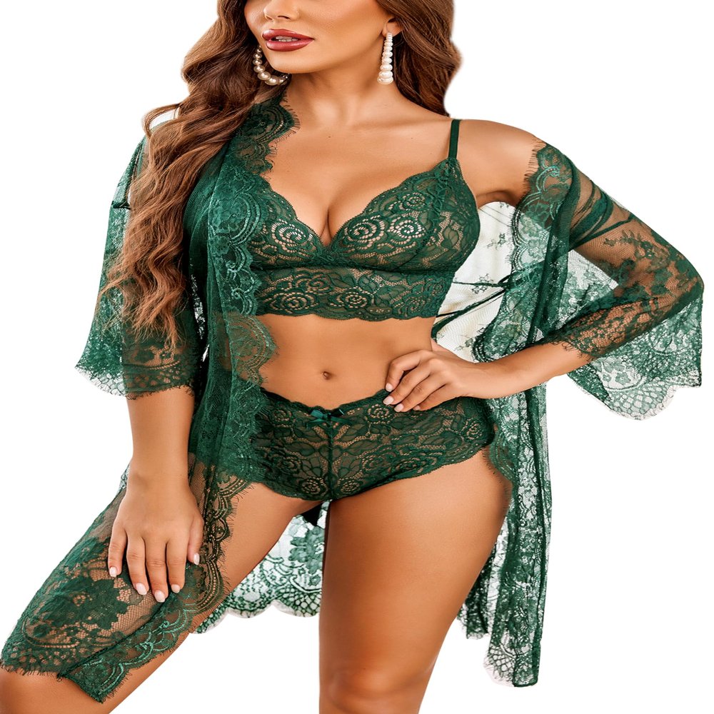 Avidlove Women Sexy Lingerie Set 3 Piece Bra and with Panty Lace Kimono Robe Sheer Sleepwear