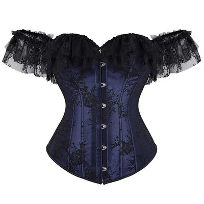Corset Tops Bustier for Women with Sleeves Off The Shoulder Lace Floral Plus Size Costumes Blue 2XL