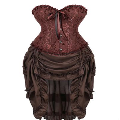 Jutrisujo Corset Dress Women Top Skirt Set Bustier Lace Floral Plus Size Costume Burlesque Halloween Brown 2XL