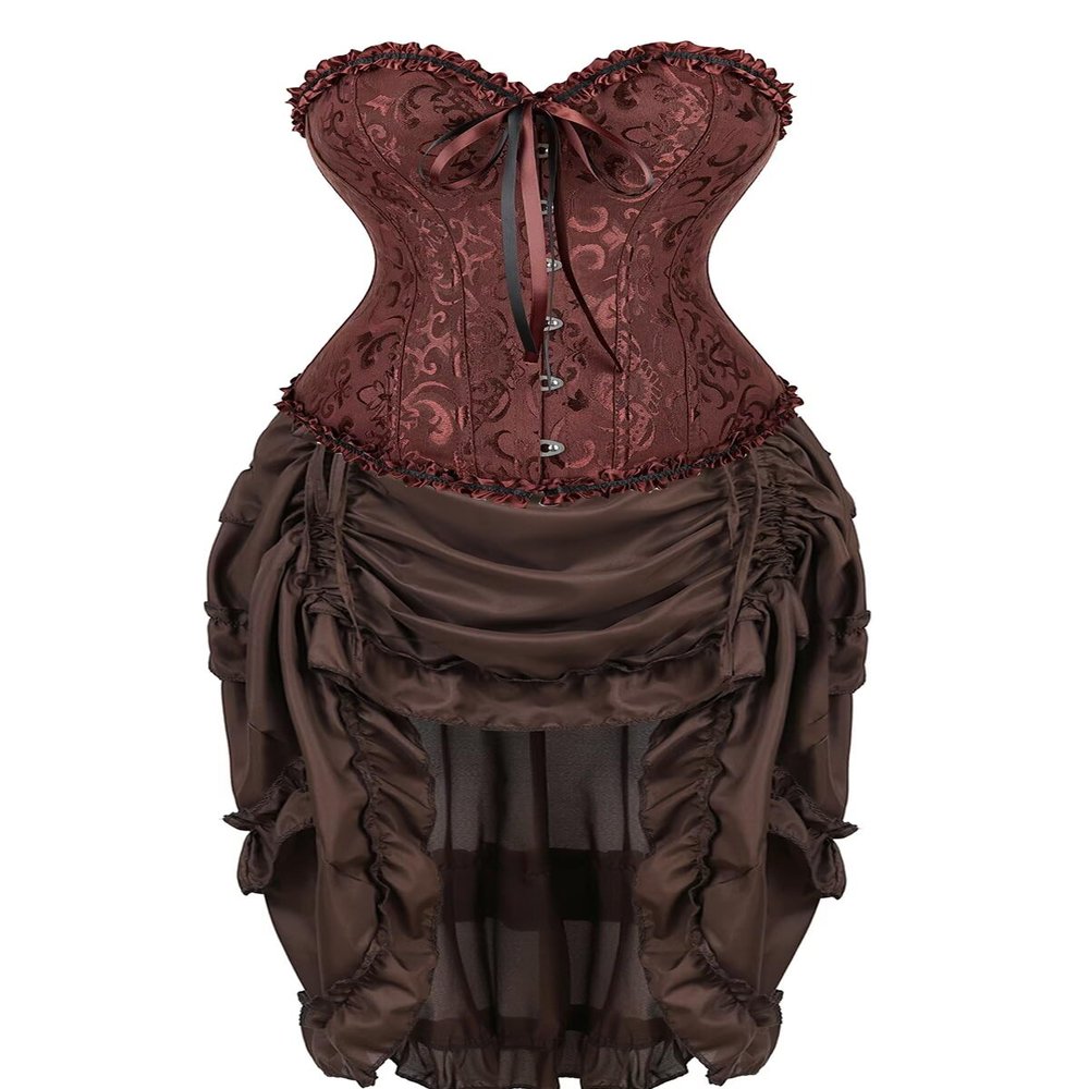 Jutrisujo Corset Dress Women Top Skirt Set Bustier Lace Floral Plus Size Costume Burlesque Halloween Brown 2XL