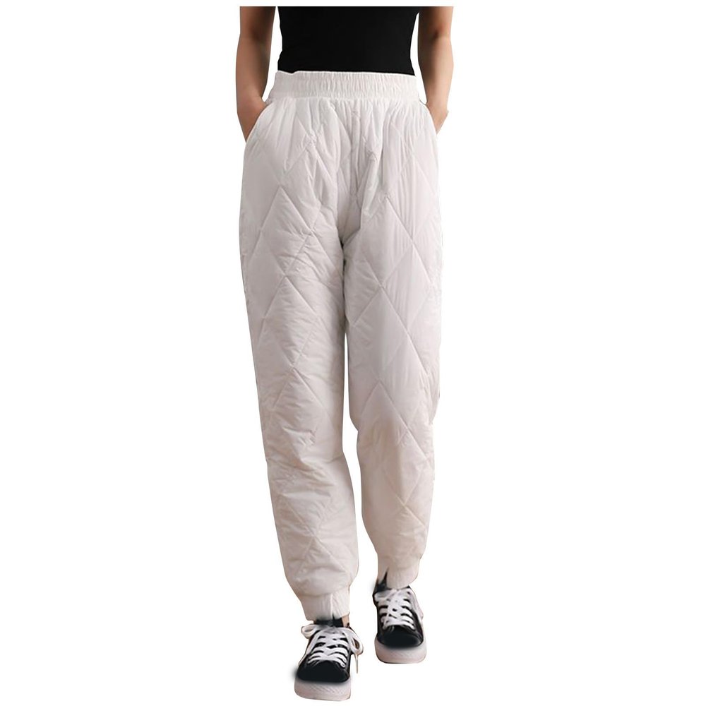 HGps8w Plus Size Women's Winter Quilted Down Pants, Thick Padded Windproof Casual High Waisted Puffy Snow Ski Pants
