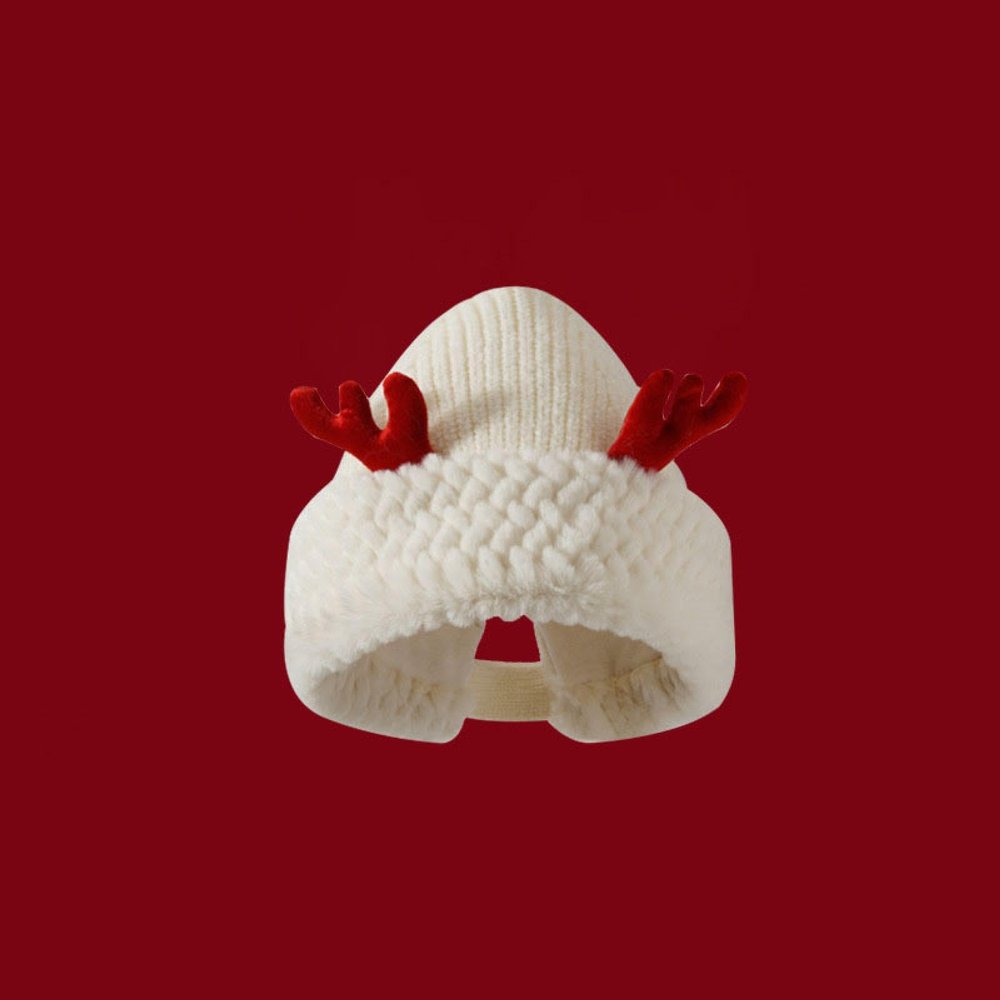 CADOMI Cute Plush Wool Hat for Christmas and New Year Party Headwear, Winter Warm Couple Knitted Hat for Adults Adjustable White
