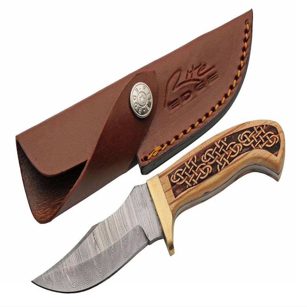 SANZ Damascus Hunting Knife 6.75 Inch - Fixed Blade Outdoor Knife with Wood Handle with Celtic Knots, Full Tang Blade & Sheath for Camping, Hunting & Outdoor uses for Men
