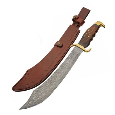SANZ Damascus 19" Steel Sea Marauder Pirate Sword Full Tang Hunting Machete Sword with Wood Handle, Brass Guard & Pommel & Leather Scabbard for Outdoor, Cosplay, and Collection