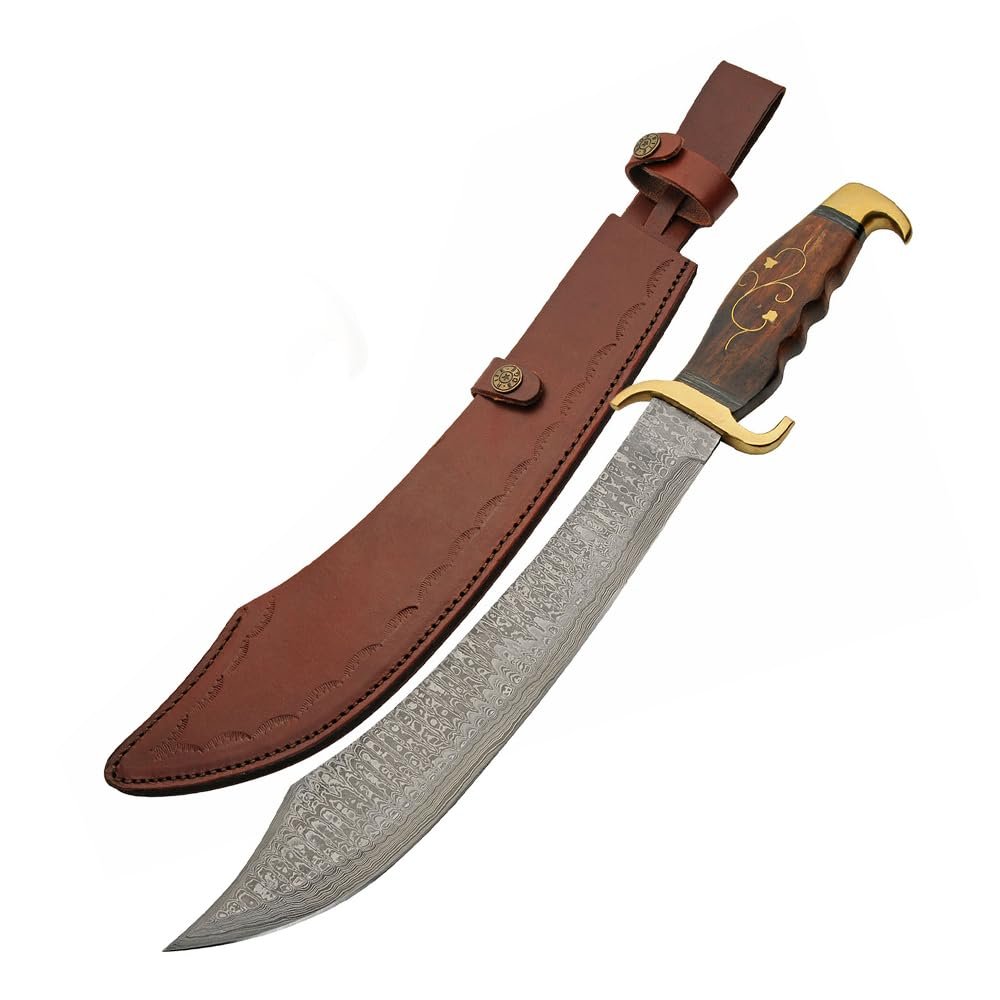 SANZ Damascus 19" Steel Sea Marauder Pirate Sword Full Tang Hunting Machete Sword with Wood Handle, Brass Guard & Pommel & Leather Scabbard for Outdoor, Cosplay, and Collection