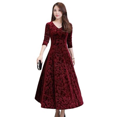 A-line Dress Autumn Winter Women Round Neck Long Sleeves Pullover Flower Printed Slim Elegant Ladies Casual Vacation Wine Red 3XL