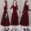 A-line Dress Autumn Winter Women Round Neck Long Sleeves Pullover Flower Printed Slim Elegant Ladies Casual Vacation Wine Red 3XL view 4