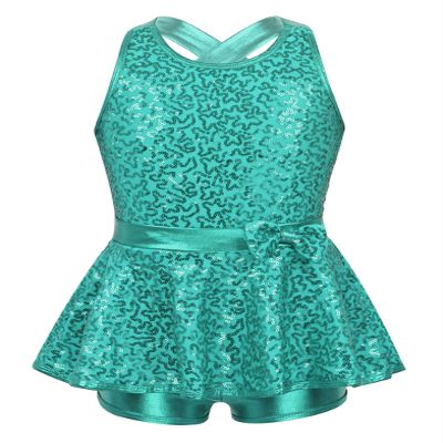 Hedmy Kids Girls Sleeveless Sequins Dance Dress Halter Shiny Latin Jazz Dance Costume Ballet Leotard Unitard Lake Green 10 Years