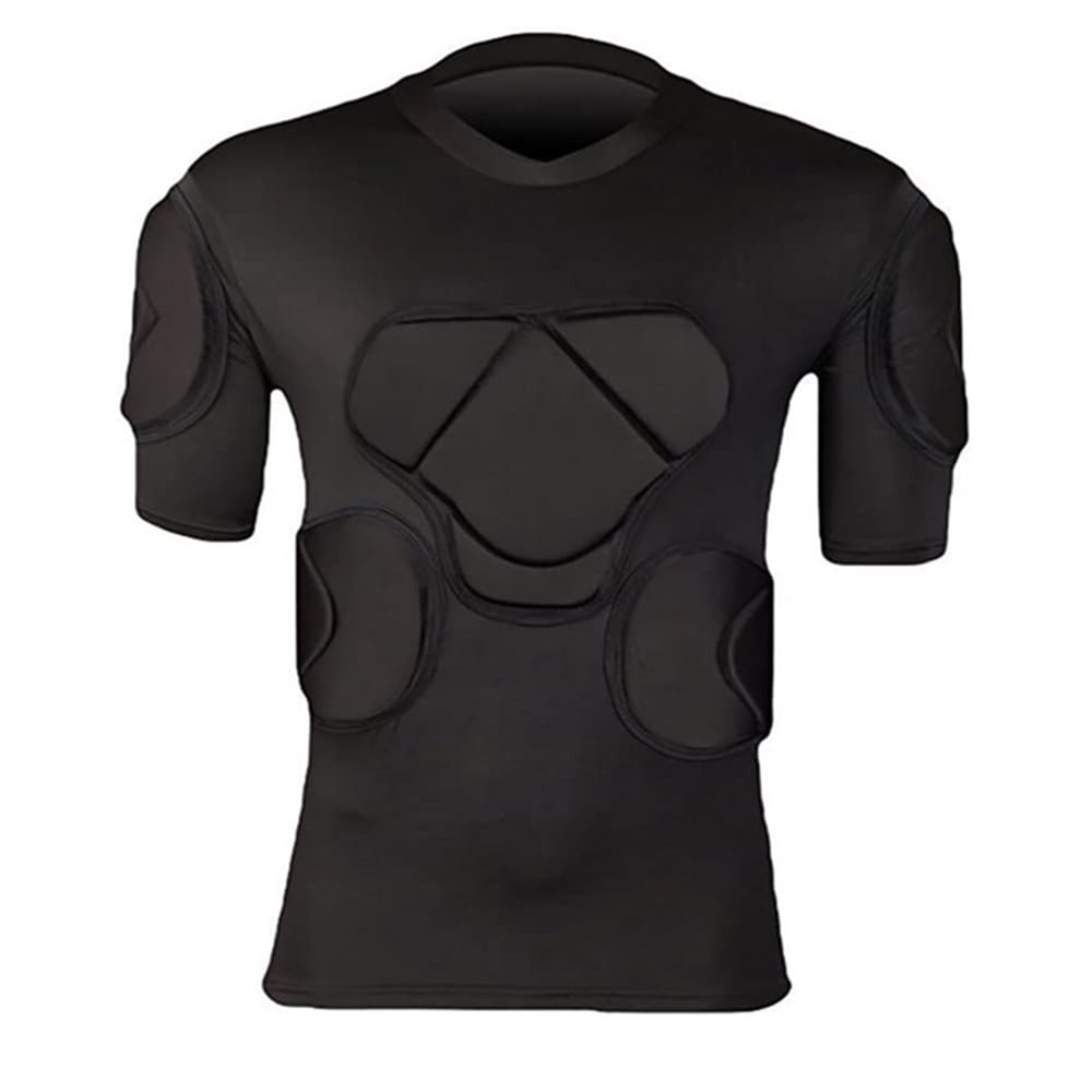 Body Safe Guard Padded Compression Shirts, Long Sleeve Shoulder Rib Chest Protector Suit for Football Black