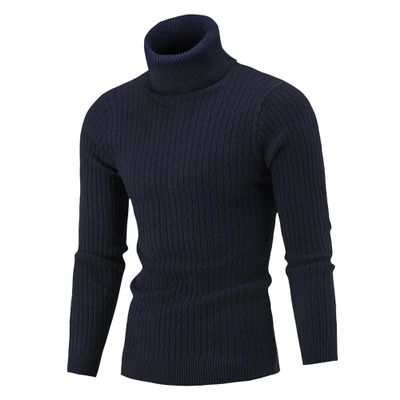 SWJGLITTR Men's Turtleneck Knitted Pullover Casual Skinny Twist Patterned Sweaters Cable Long Sleeve High Collar Sweaters (Large,Dark Blue)