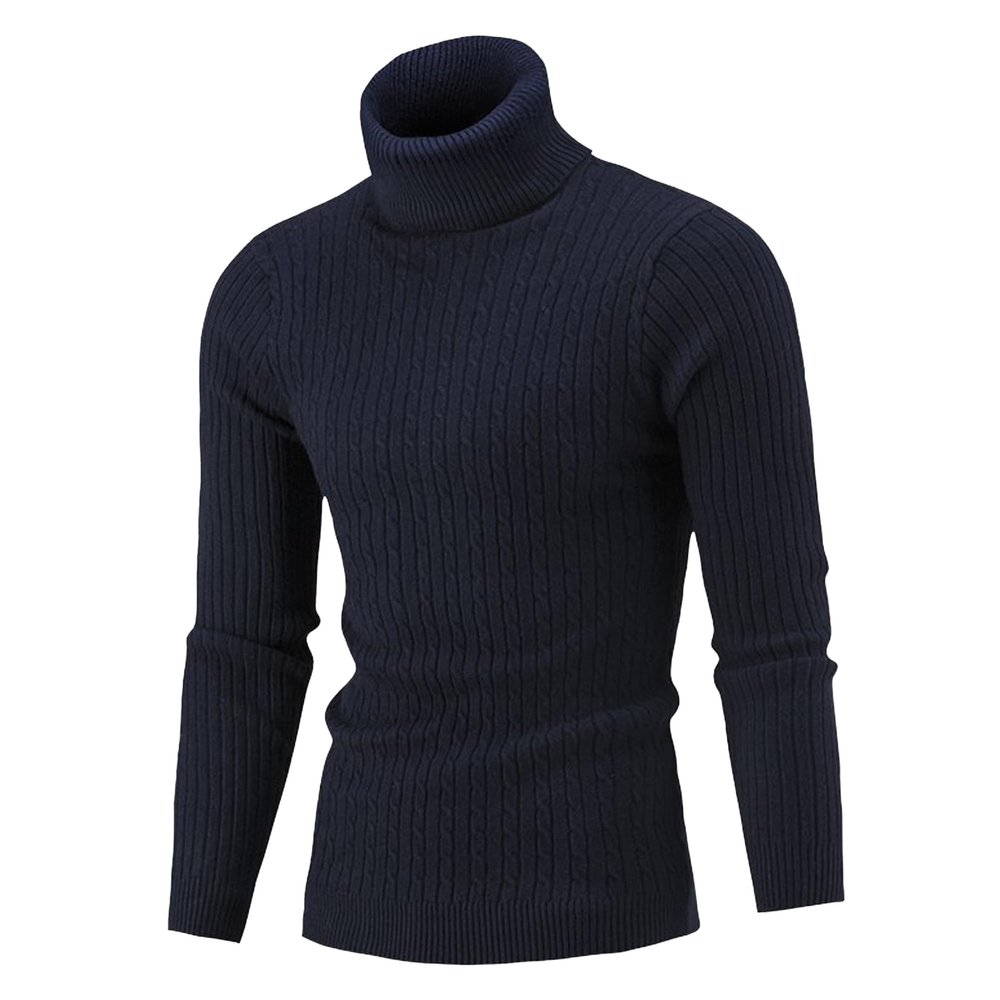SWJGLITTR Men's Turtleneck Knitted Pullover Casual Skinny Twist Patterned Sweaters Cable Long Sleeve High Collar Sweaters (Large,Dark Blue)