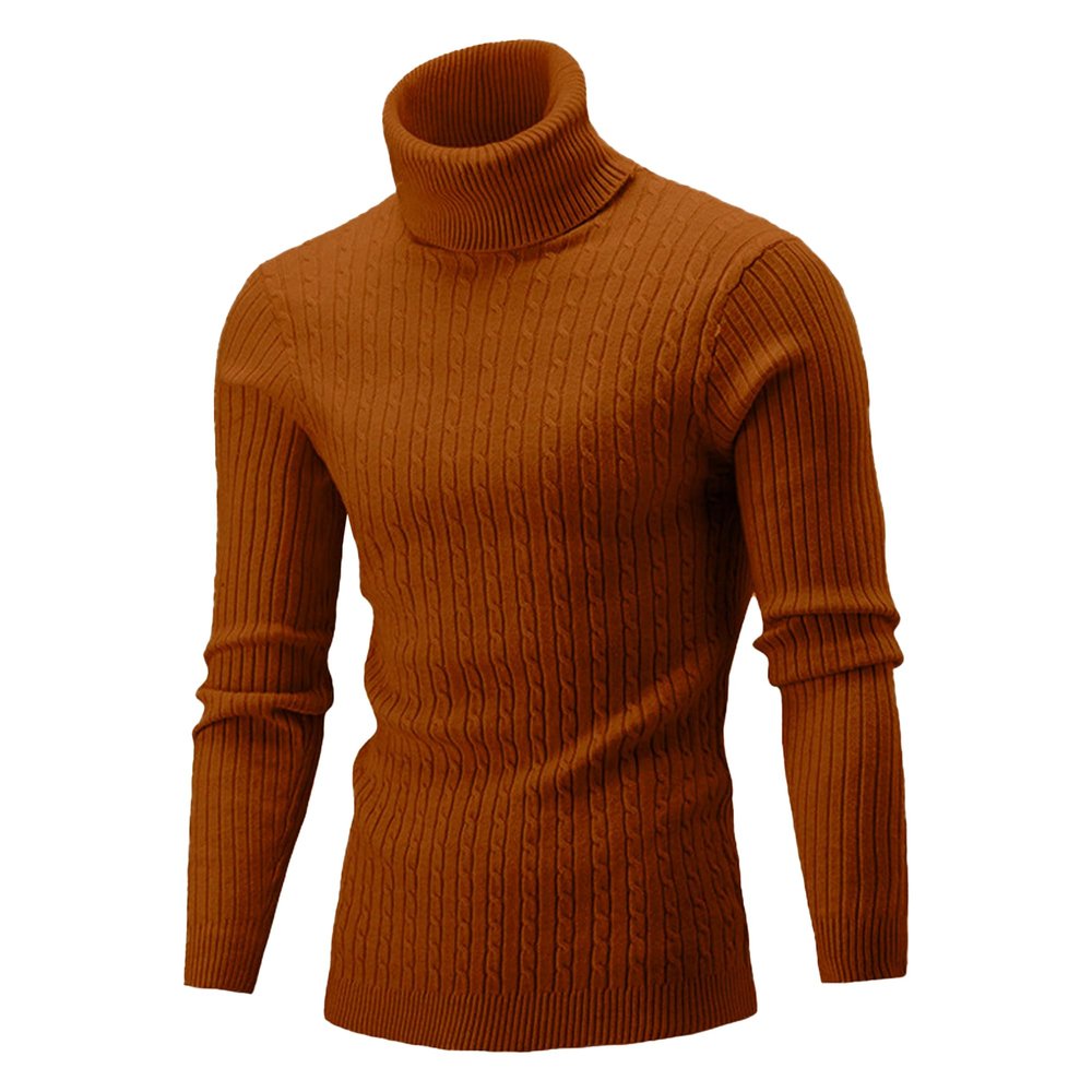 SWJGLITTR Men's Turtleneck Knitted Pullover Casual Skinny Twist Patterned Sweaters Cable Long Sleeve High Collar Sweaters (Large,Brown)