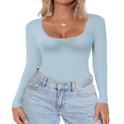 Ekouaer Women's Scoop Neck Long Sleeve Top Tight Shirts Thermal Undershirts Base Layer Tee Light Blue XL