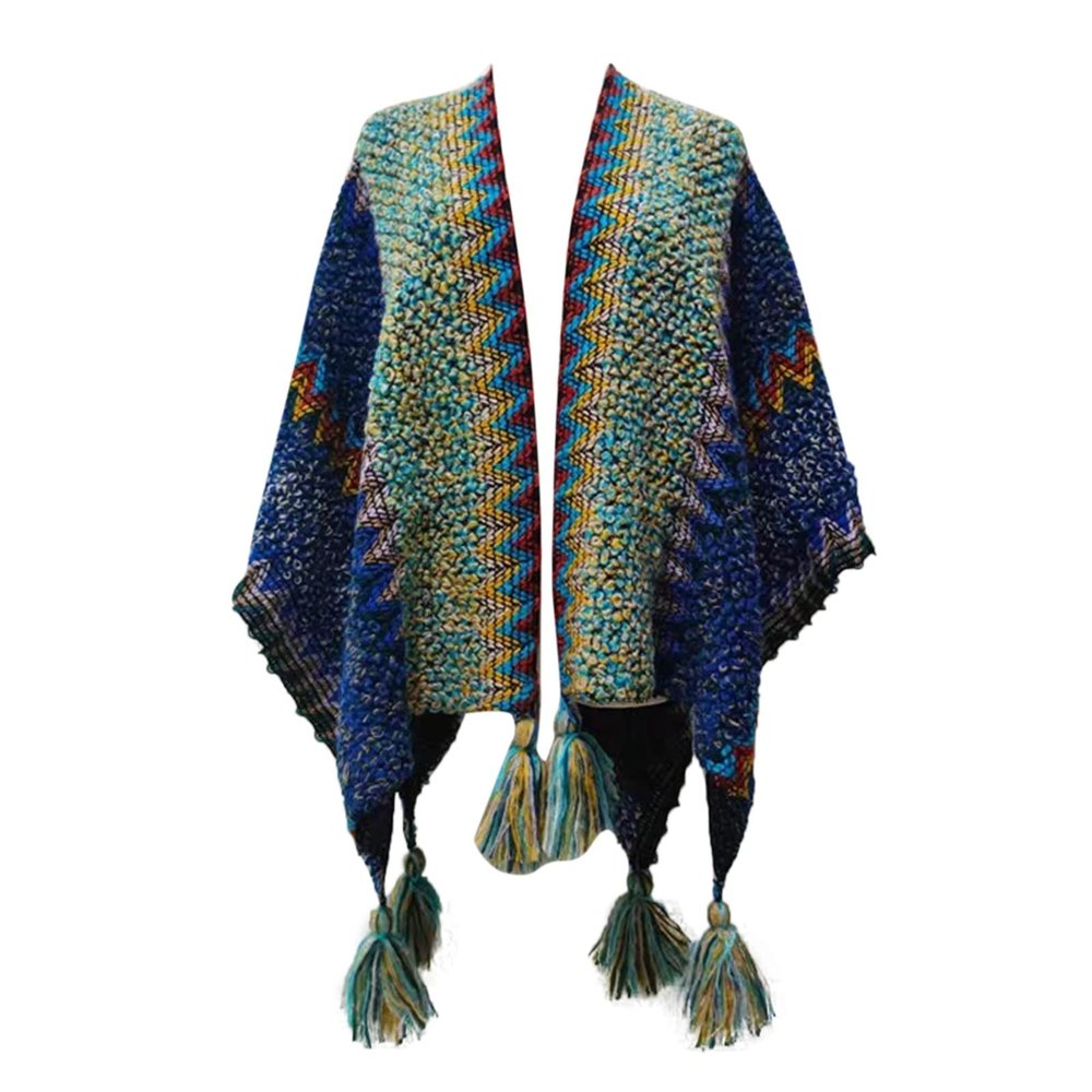 Women Boho Poncho Pashmina Shawl Wrap Cape Sweater Knitting Cardigan with Tassel Open Front Cape for (BU1, One Size)