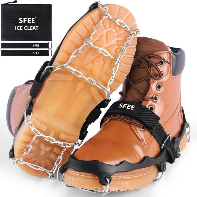 Sfee Crampons for Shoes and Boots - Non Slip Gripper Spikes with Stainless Steel Chains, Traction Cleats for Snow and Ice, Hiking, Climbing, Ice Fishing (M)