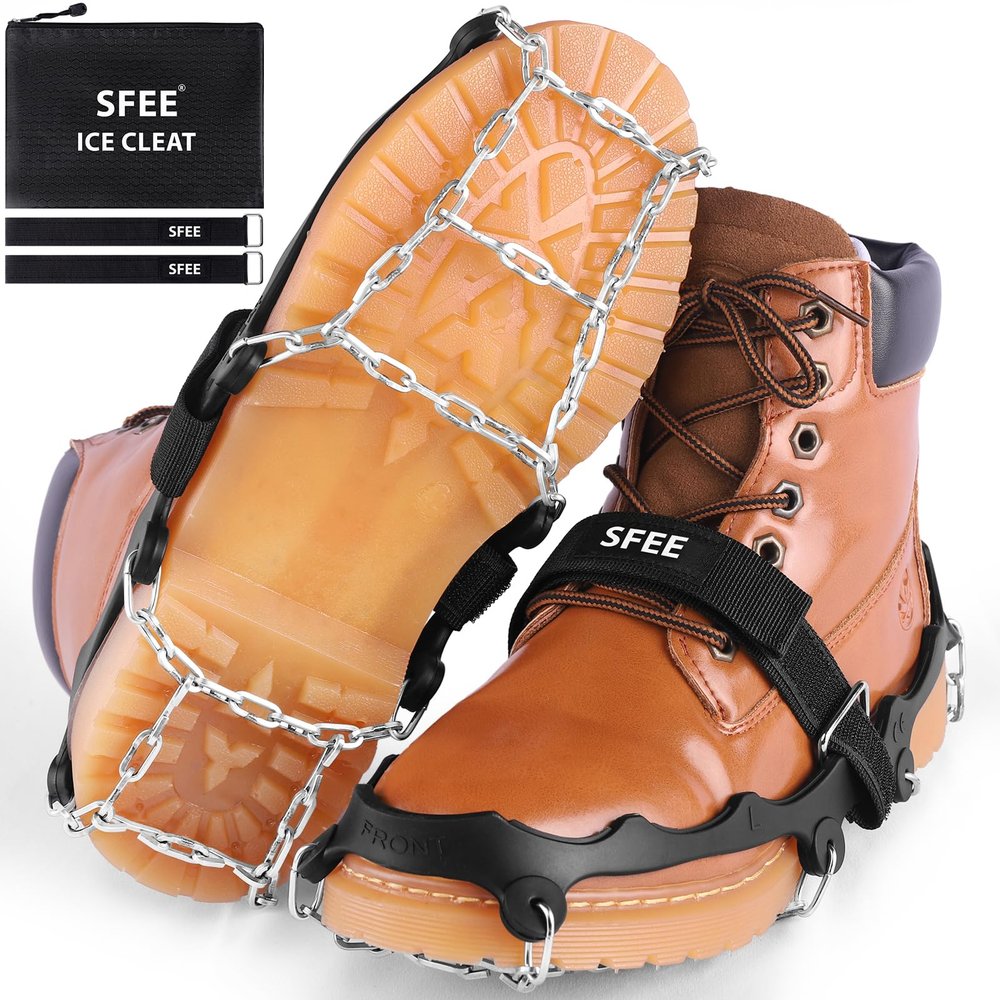 Sfee Crampons for Shoes and Boots - Non Slip Gripper Spikes with Stainless Steel Chains, Traction Cleats for Snow and Ice, Hiking, Climbing, Ice Fishing (M)