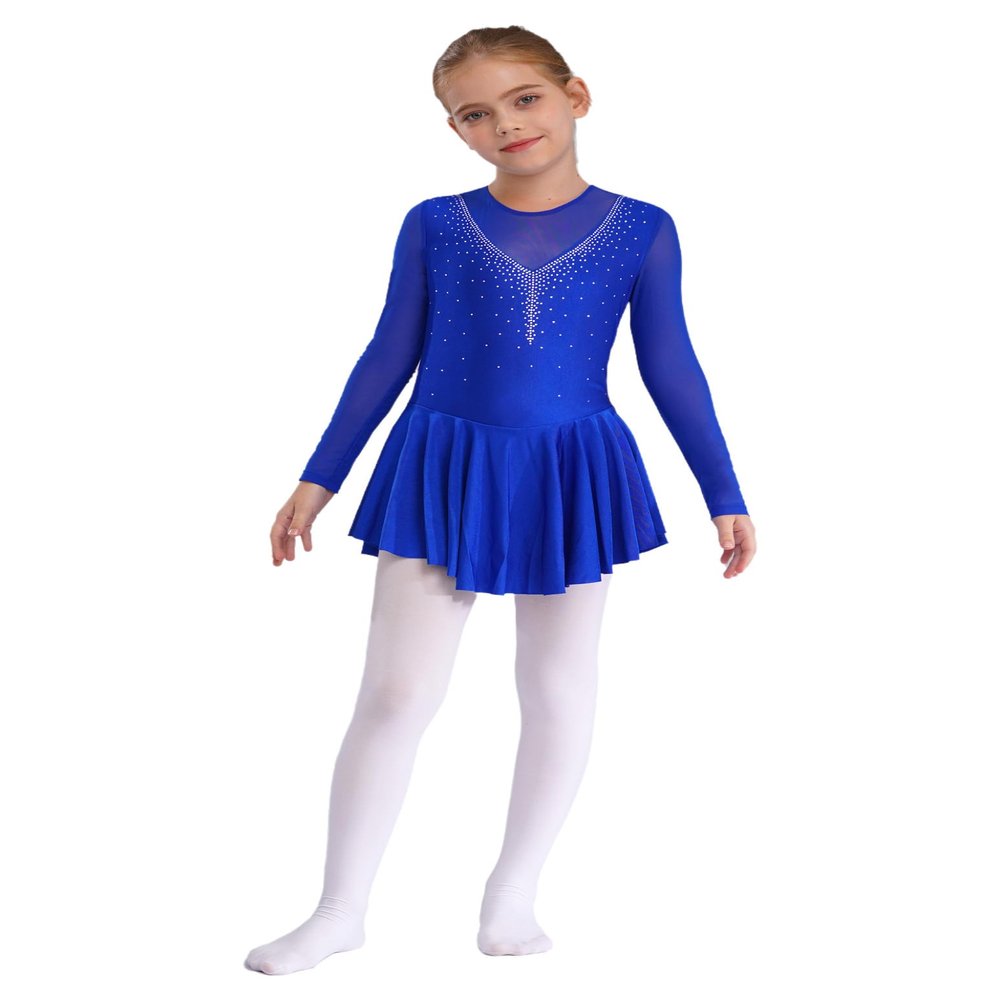 Shinsto Kids Girls Figure Ice Skating Dress Long Sleeve Winter Sport Gymnastic Leotard Skirted Royal Blue 8 Years