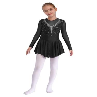 Shinsto Kids Girls Figure Ice Skating Dress Long Sleeve Winter Sport Gymnastic Leotard Skirted Black 10 Years