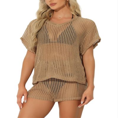 Allegra K 2 Piece Swimsuit Cover Up for Women's Summer Beach Crochet Hollow Out Top Shorts Set X-Large Khaki