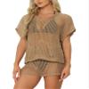 Allegra K 2 Piece Swimsuit Cover Up for Women's Summer Beach Crochet Hollow Out Top Shorts Set X-Large Khaki view 1