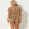 Allegra K 2 Piece Swimsuit Cover Up for Women's Summer Beach Crochet Hollow Out Top Shorts Set X-Large Khaki view 3