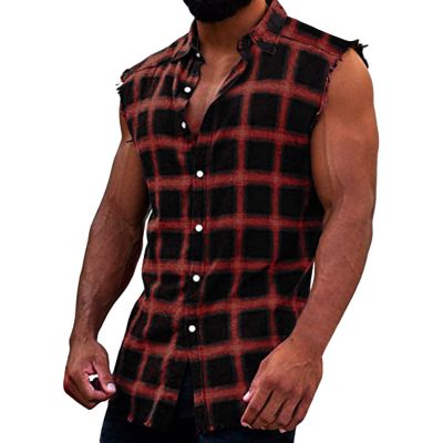 Mens Sleeveless Flannel Plaid Shirts Casual Button Down Muscle Cut Off Shirts Casual Stylish Western Cowboy Vest Tank Tops Red