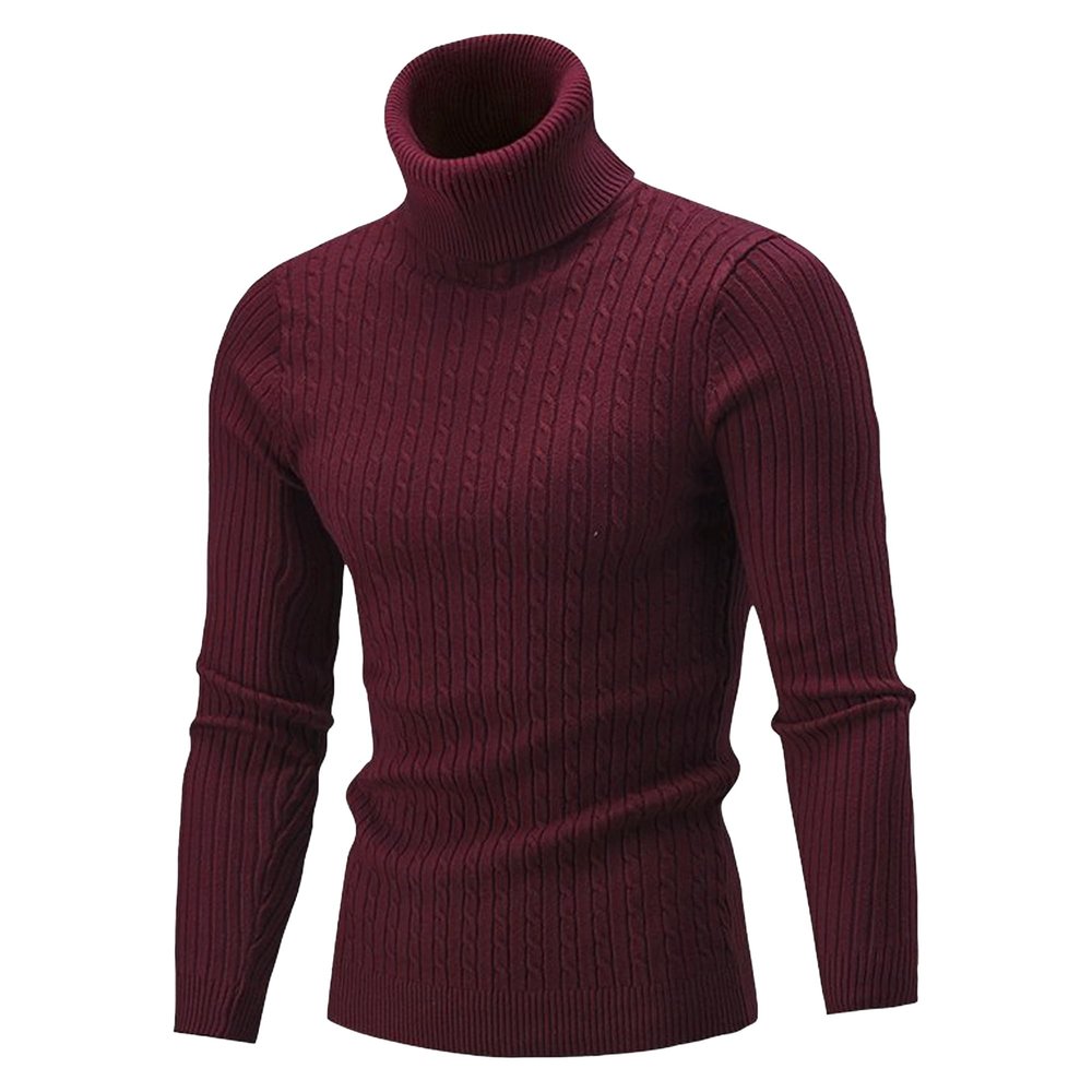 SWJGLITTR Men's Turtleneck Knitted Pullover Casual Skinny Twist Patterned Sweaters Cable Long Sleeve High Collar Sweaters (XX-Large,Wine Red)