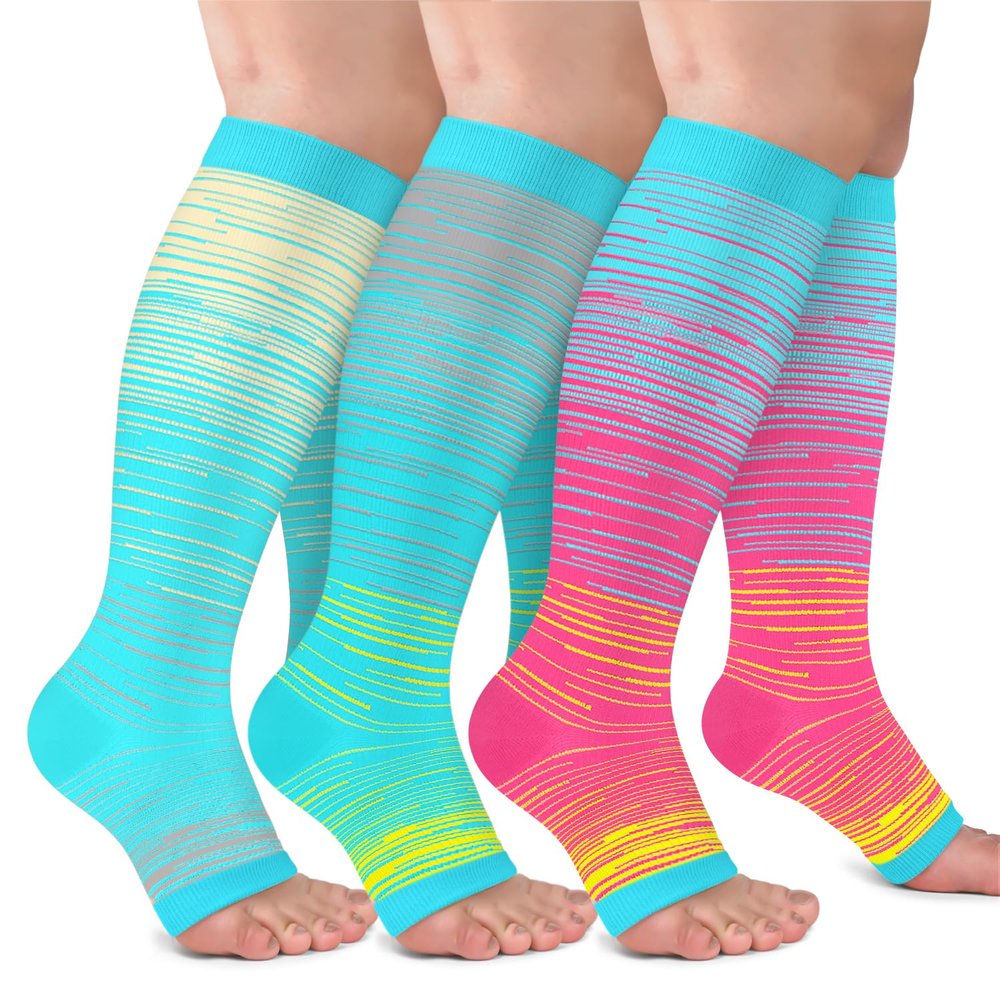CTHH 3 Pack Open Toe Compression Socks for Women & Men, Toeless Knee High Stockings for Circulation Support, Light Blue Deep Blue Pink Small-Medium