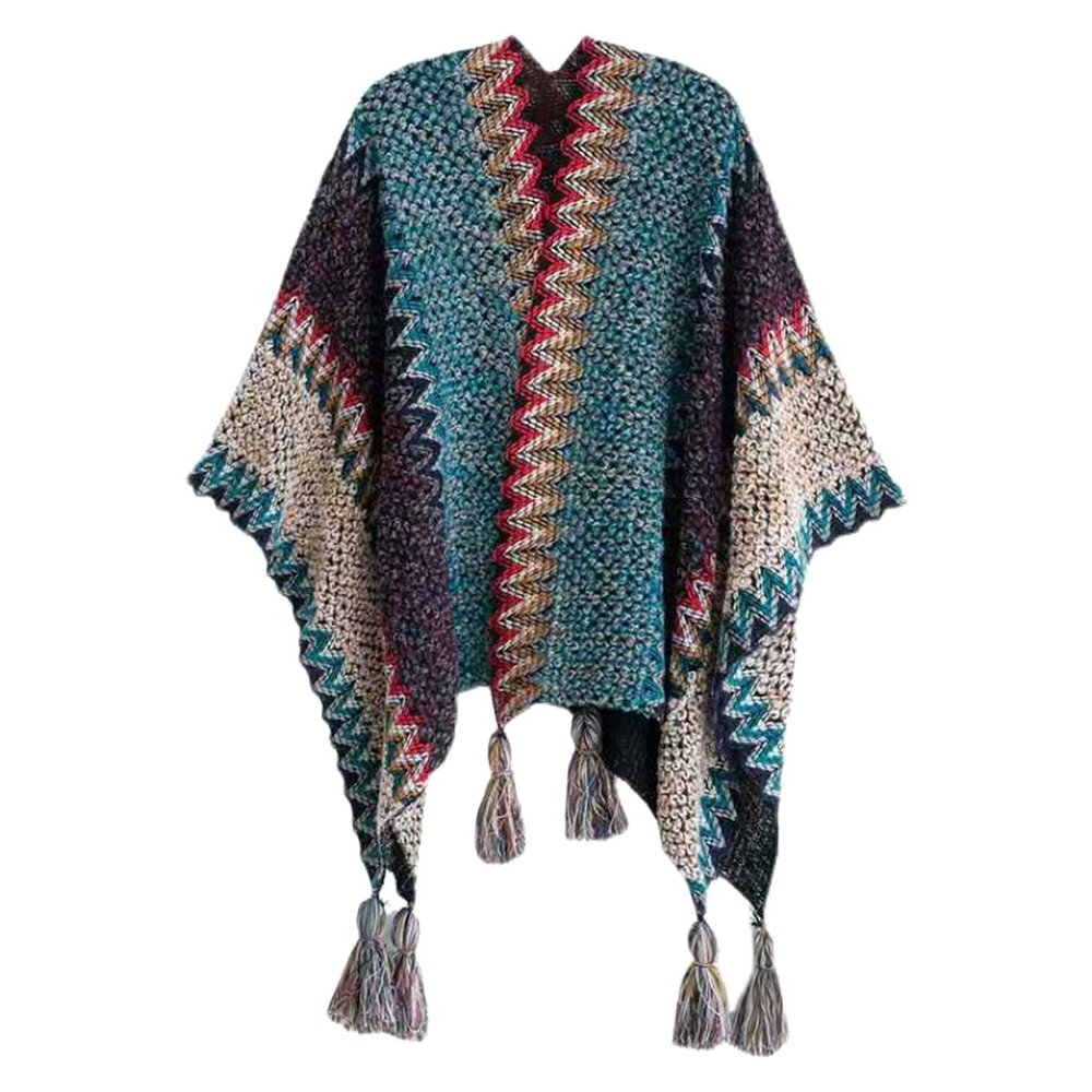Women Boho Poncho Pashmina Shawl Wrap Cape Sweater Knitting Cardigan with Tassel Open Front Cape for Fall (B, One Size)