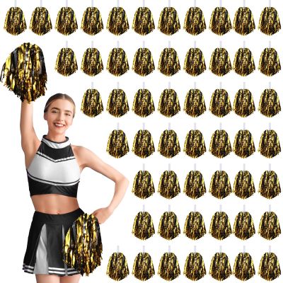 Halloscume 60 Pcs Cheerleading Pom Poms Cheering Pompoms Bulk Cheer Metallic Foil Pom Poms with Baton Handle Plastic Poms Squad for Game Team Spirit Sports Dancing Basketball Club(Black, Gold), 25 cm