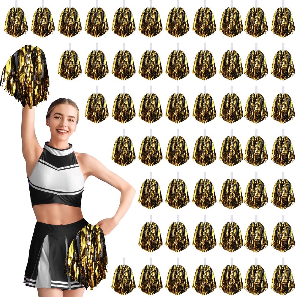 Halloscume 60 Pcs Cheerleading Pom Poms Cheering Pompoms Bulk Cheer Metallic Foil Pom Poms with Baton Handle Plastic Poms Squad for Game Team Spirit Sports Dancing Basketball Club(Black, Gold), 25 cm