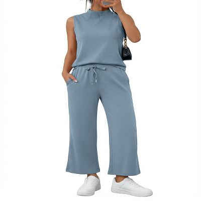Casly Lamiit 2 Piece Sets for Women Vacation Travel Outfits Summer Casual Sleeveless Wide Leg Crop Pants Airport Fashion Clothing Sets Blue Grey 2XL