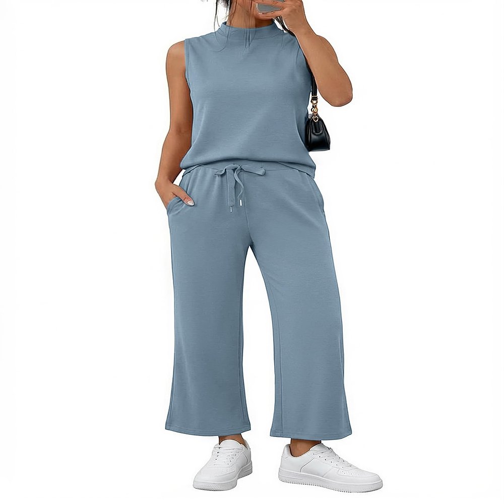 Casly Lamiit 2 Piece Sets for Women Vacation Travel Outfits Summer Casual Sleeveless Wide Leg Crop Pants Airport Fashion Clothing Sets Blue Grey 2XL