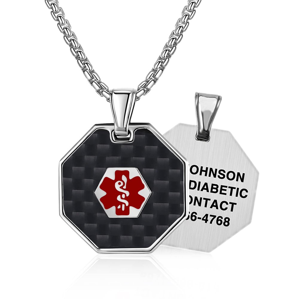 Divoti Custom Engraved Medical Alert Necklace for Men, Luxe 316L Tag Medical ID Necklace, Medical Pendant Tag w/Free Engraving  Silver/Black Carbon Filber/Red Caduceus- 28 IN Square Rolo