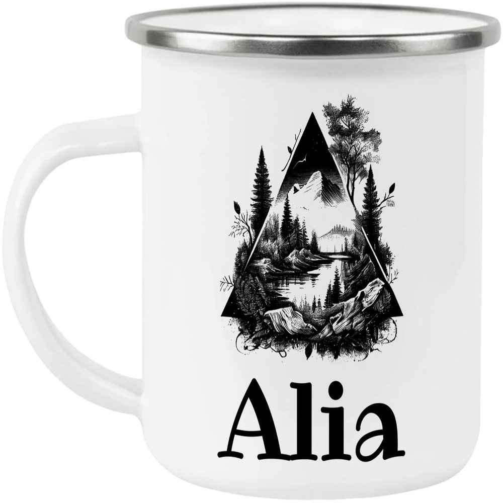 Alia Adventure Awaits Custom Name Enamel Campfire Mug, Mountain Camping Coffee Cup, Nature Outdoor Personalized - White - One size