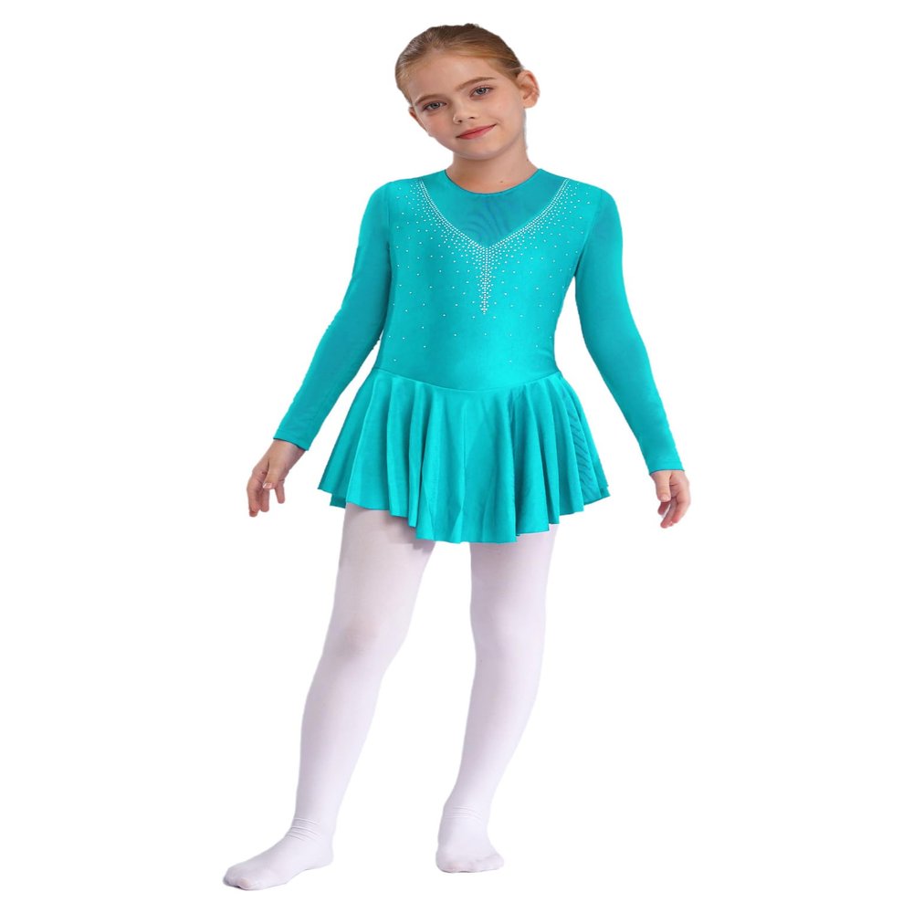 Shinsto Kids Girls Figure Ice Skating Dress Long Sleeve Winter Sport Gymnastic Leotard Skirted Lake Green 8 Years
