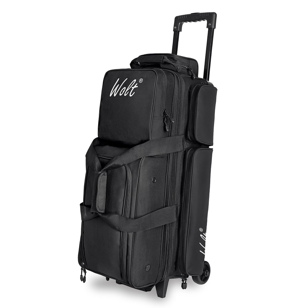 WOLT 3 Ball Bowling Bags with Wheels,Bowling Bags 3 Ball Roller with Separate Shoe Compartment and Accessory Pocket, Retractable Handle Extends to 38(black)
