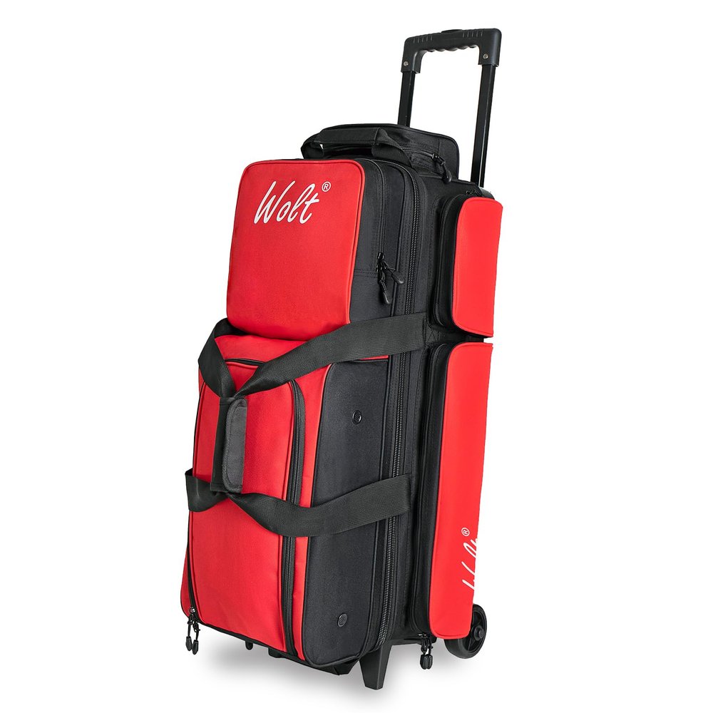 WOLT 3 Ball Bowling Bags with Wheels,Bowling Bags 3 Ball Roller with Separate Shoe Compartment and Accessory Pocket, Retractable Handle Extends to 38(red)