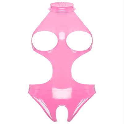 YiZYiF Women's Sexy Mock Neck Wet Look Leotard Zipper Crotch Bodysuit Catsuit Teddy 3# Pink D 3X-Large