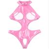 YiZYiF Women's Sexy Mock Neck Wet Look Leotard Zipper Crotch Bodysuit Catsuit Teddy 3# Pink D 3X-Large view 3