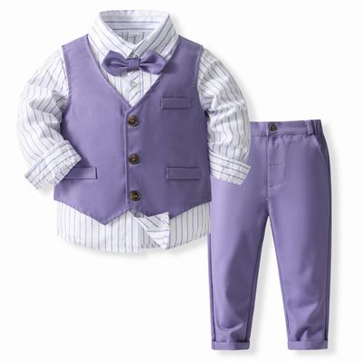 Toddler Baby Boys Formal Suit: Wedding Tuxedo Suit 3pcs Baptism Outfits Little Kids Gentleman Church Long Sleeve Shirt Strip Pants Vest Xmas Photography Clothes Set Purple 5 Years
