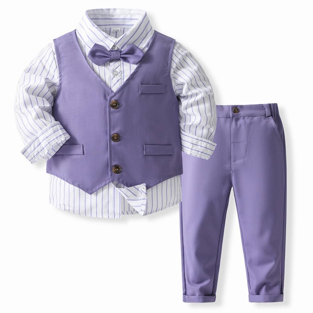 Toddler Baby Boys Formal Suit: Wedding Tuxedo Suit 3pcs Baptism Outfits Little Kids Gentleman Church Long Sleeve Shirt Strip Pants Vest Xmas Photography Clothes Set Purple 5 Years