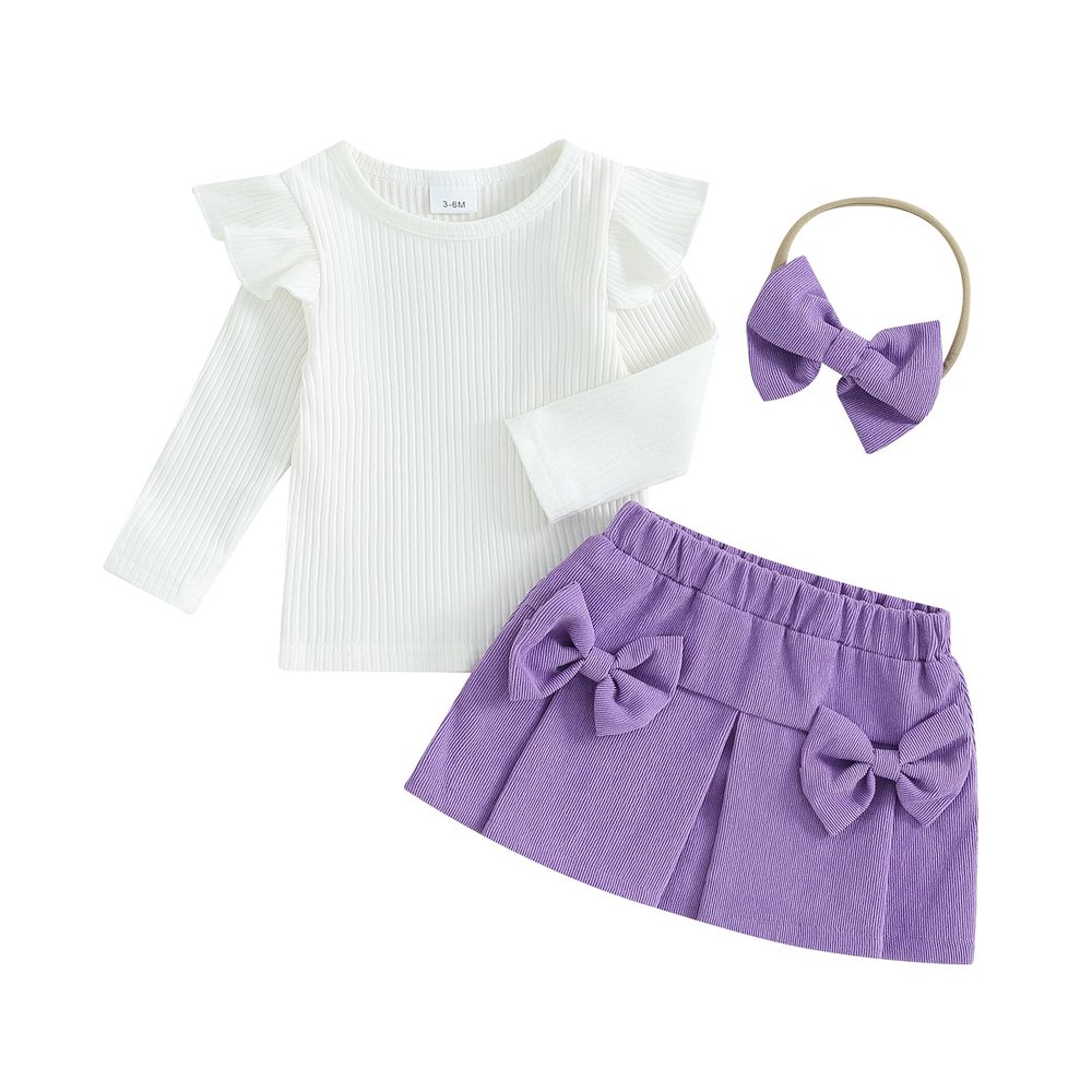 Lucikamy Toddler Baby Girl Outfits Fall Winter Clothes Turtleneck Long Sleeve Knit T-Shirt Tops + Plaid Mini Skirts Set (Fly Sleeve-Purple, 6-9 Months)
