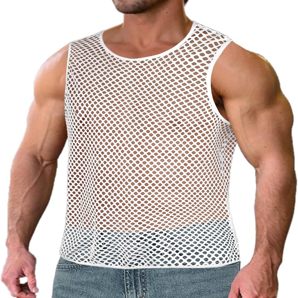 ZNVGIRL Mens Fishnet Shirt Plus Size Sheer Sleeveless Tops for Clubwear Party(White,XL)