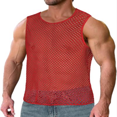 ZNVGIRL Men's See Through Tank Top Fitted Fishnet Mesh Shirt Muscle Cover Up(Red,XL)