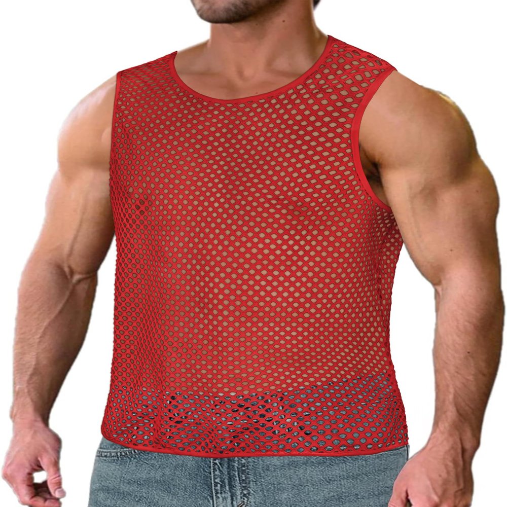 ZNVGIRL Men's See Through Tank Top Fitted Fishnet Mesh Shirt Muscle Cover Up(Red,XL)