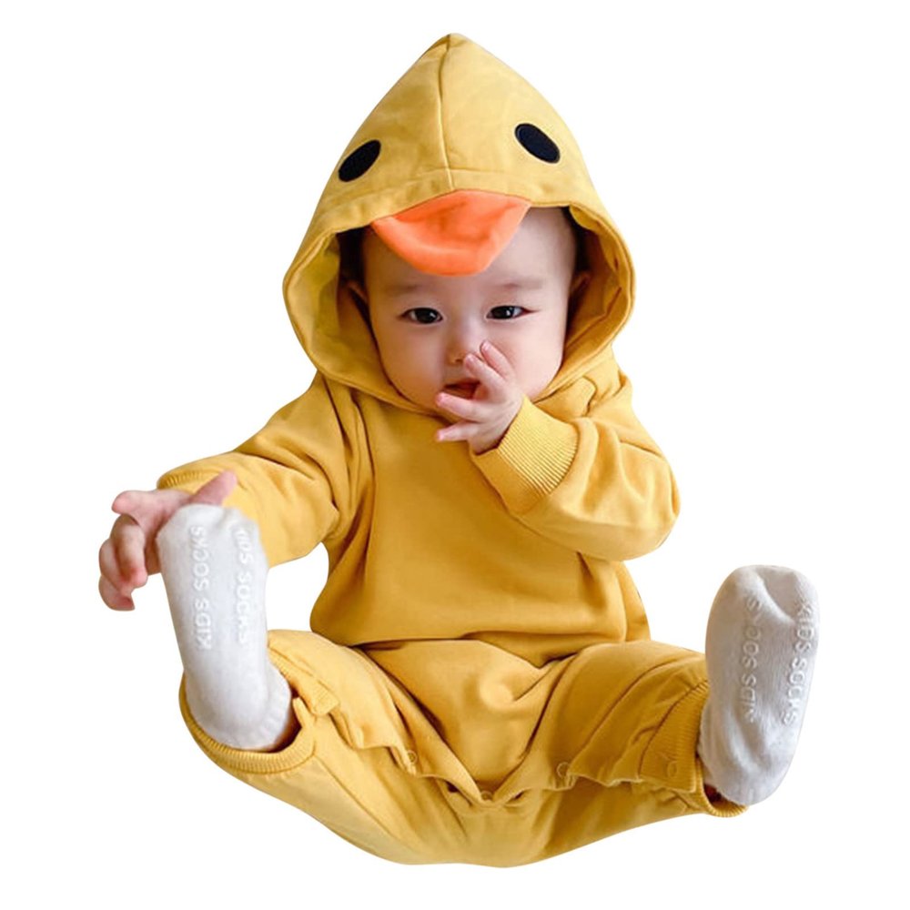 Newborn Baby Cute Animal Hooded 3D Frog Duck Jumpsuit Winter Long Sleeve Solid Romper Bodysuit (Yellow, 12-18 Months)