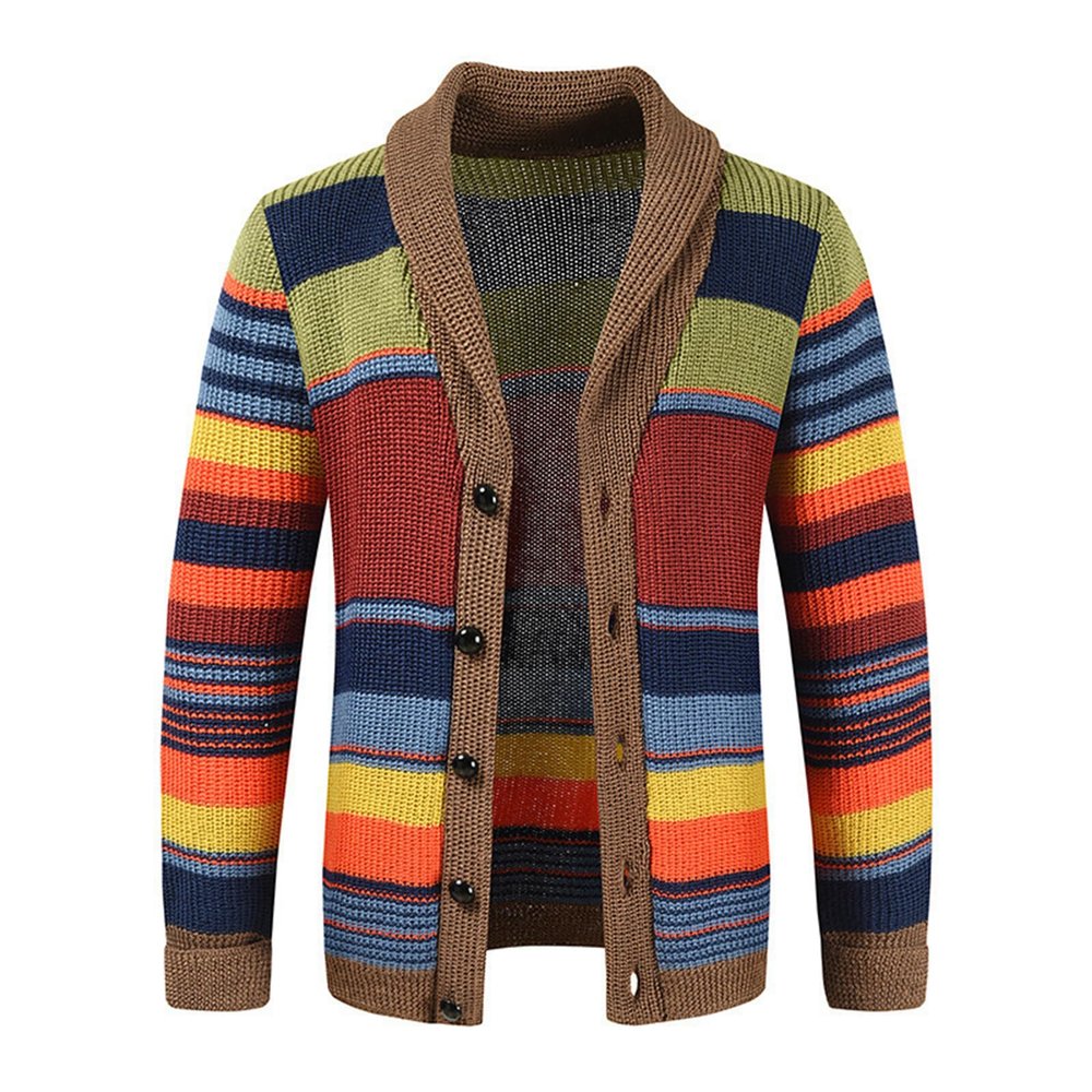 Mens Rainbow Cardigan Sweaters Striped Color Block Shawl Collar Sweatshirt Cable Knit Open Front Warm Lapel Outwear